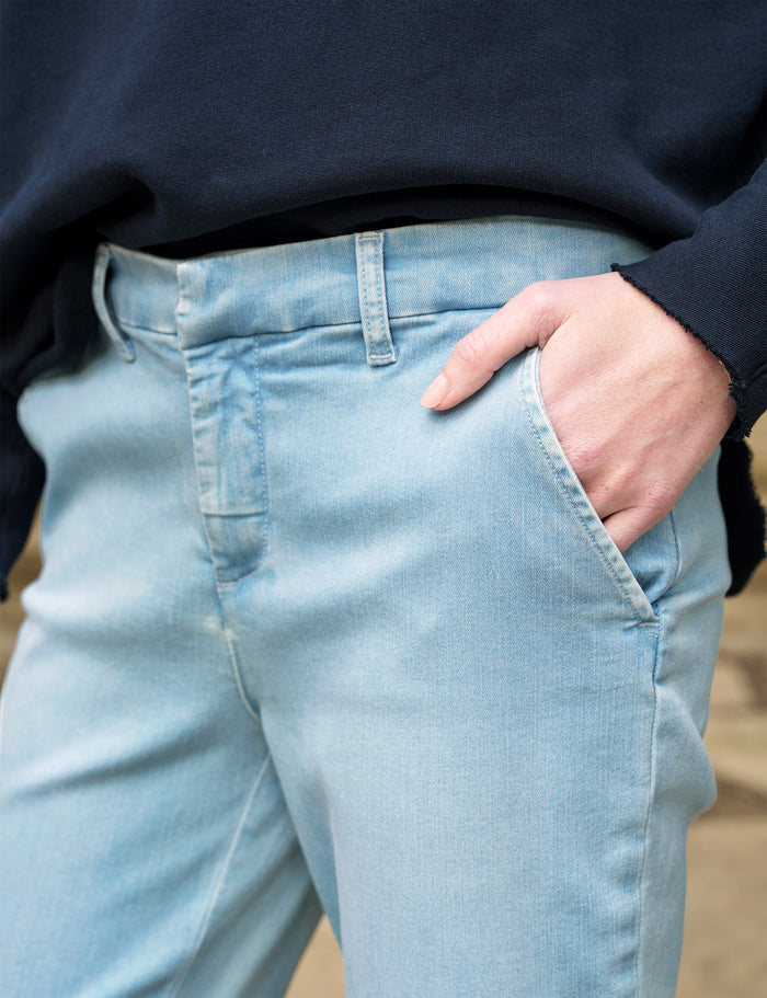 Waist of person wearing 1975 Blue Wash Frank & Eileen Wicklow Italian Chino in Italian Performance Denim