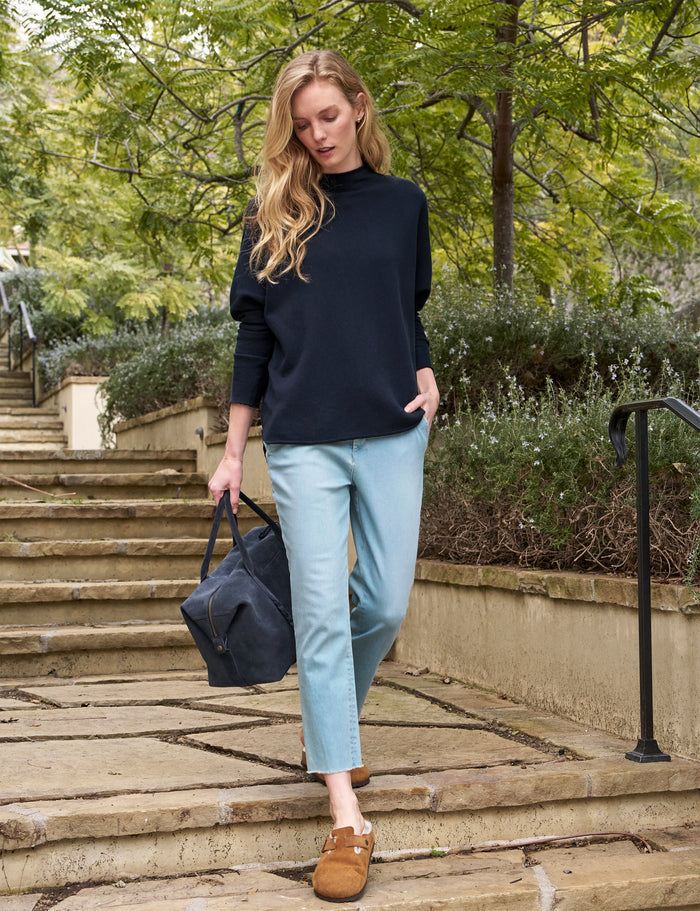 Person outside wearing 1975 Blue Wash Frank & Eileen Wicklow Italian Chino in Italian Performance Denim