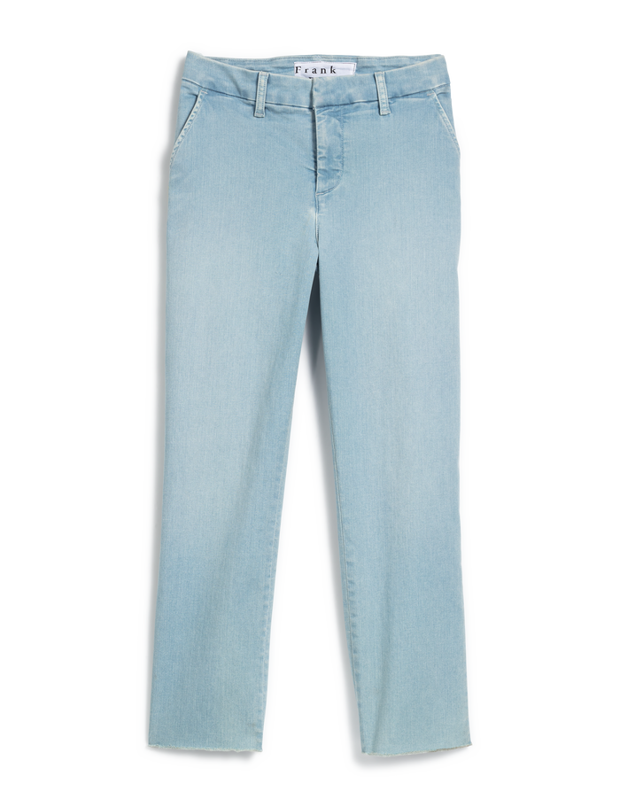 Flat front shot of 1975 Blue Wash Frank & Eileen Wicklow Italian Chino in Italian Performance Denim