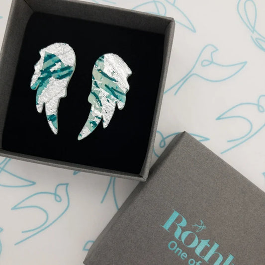 Wings of Desire sgraffito earrings in silver/sea blue