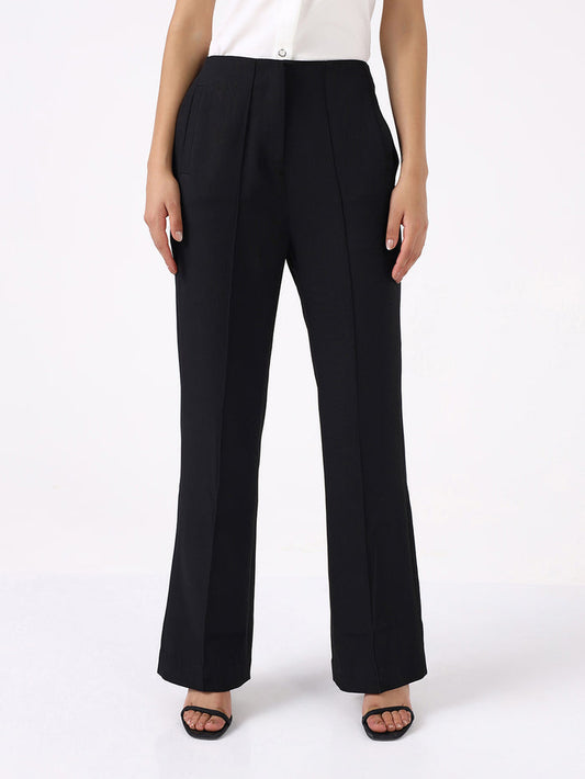 Women Black High-Rise Pintucked Trousers