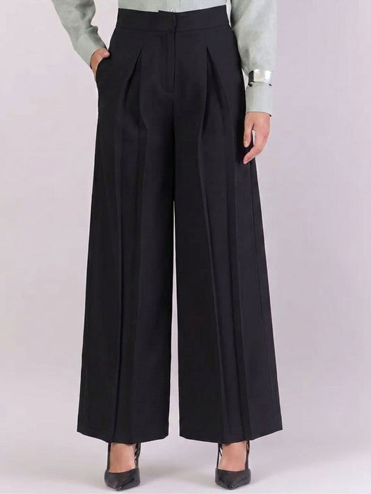 Women Black High-Rise Pleated Trousers