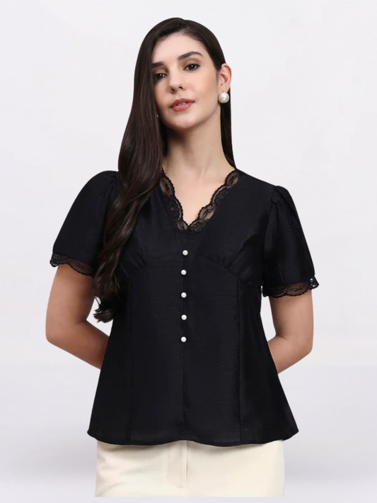 Women Black Puff Sleeve Top With Pearl Button