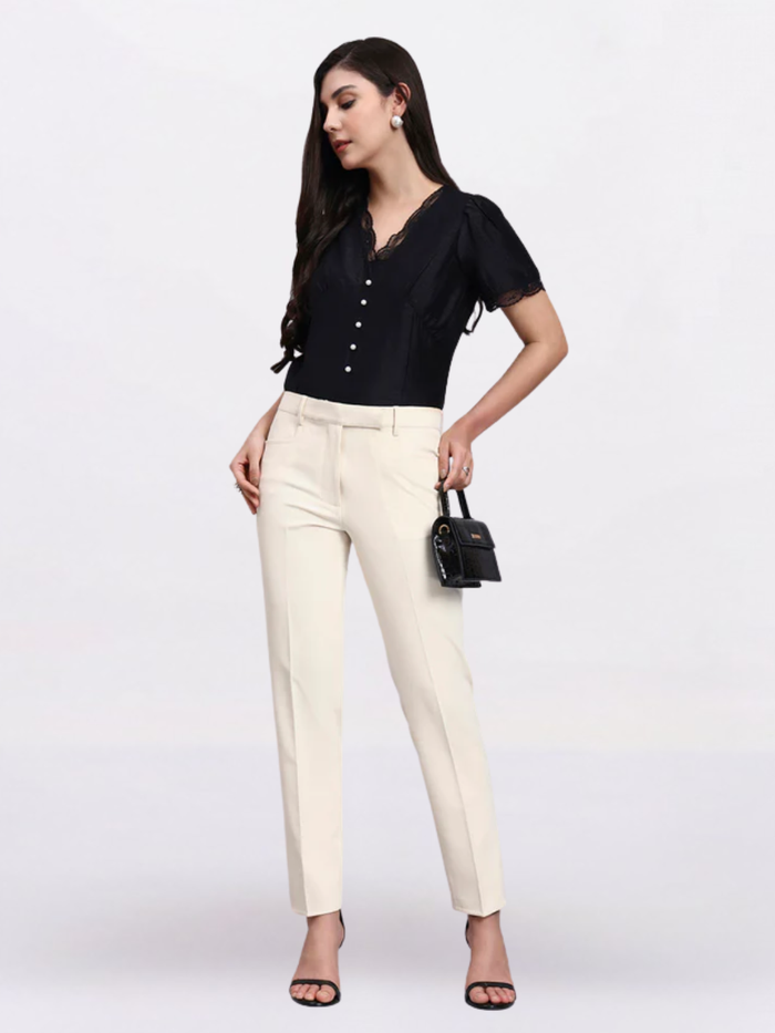 Women Black Puff Sleeve Top With Pearl Button