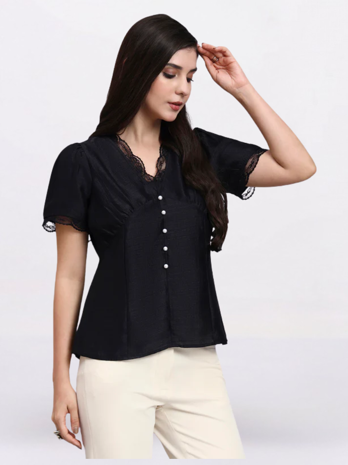 Women Black Puff Sleeve Top With Pearl Button