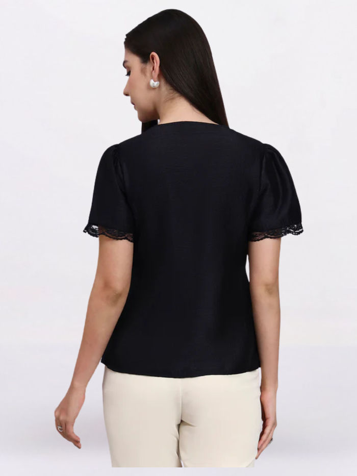 Women Black Puff Sleeve Top With Pearl Button