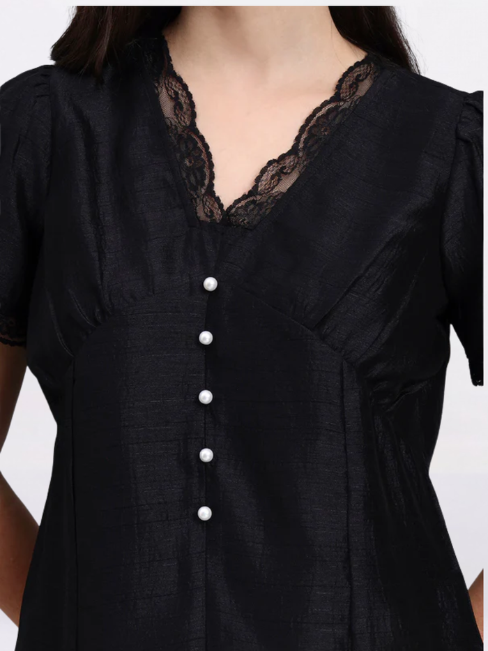 Women Black Puff Sleeve Top With Pearl Button