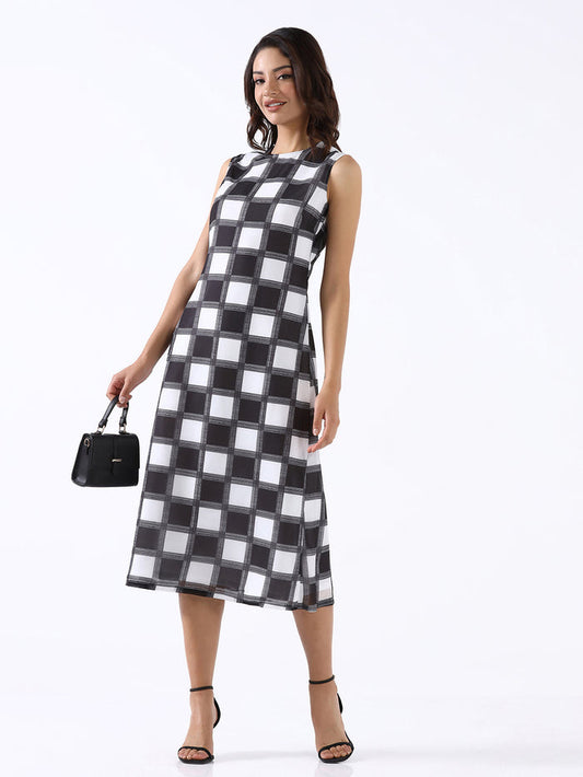 Women Black & White Non-Stretch A-Line Midi Dress