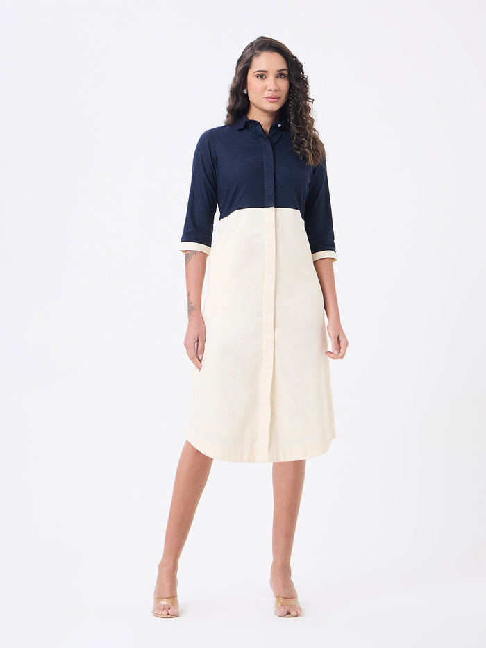 Women Blue & Off White Knee Length Dress