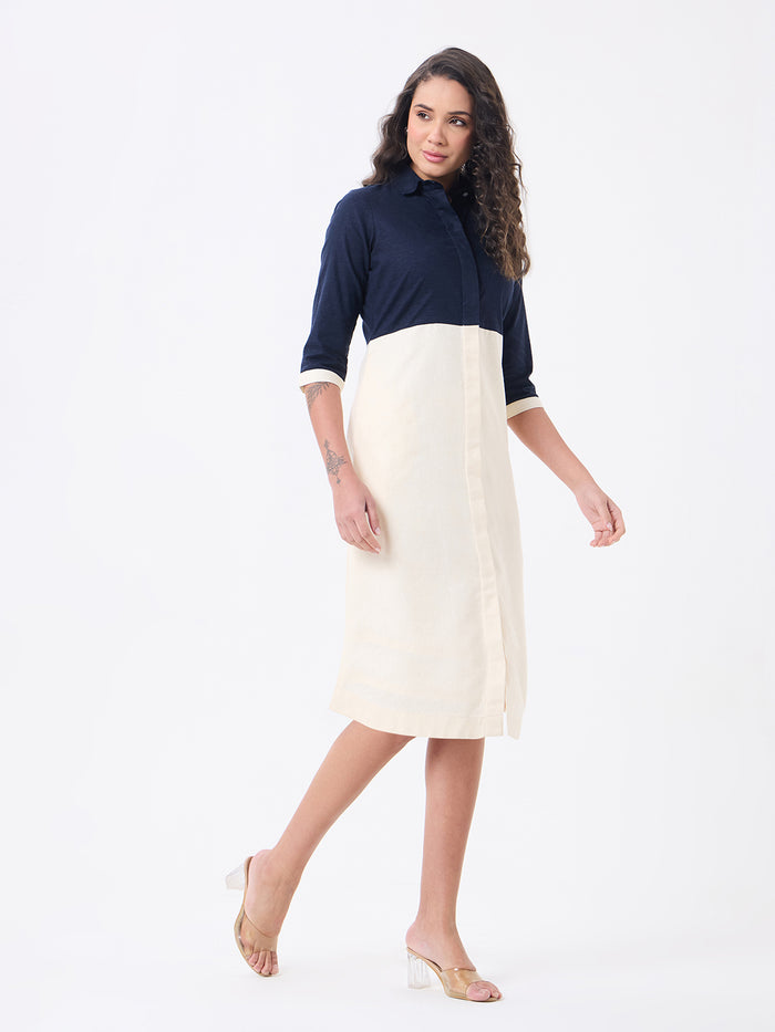 Women Blue & Off White Knee Length Dress