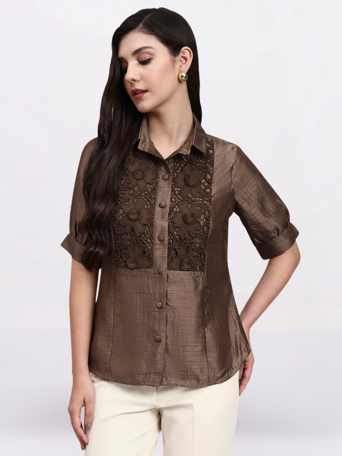 Women Brown Modern casual Floral Embroidery Shirt