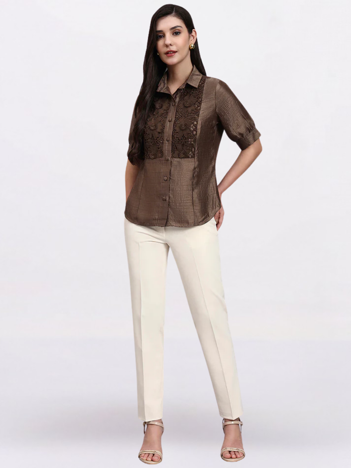 Women Brown Modern casual Floral Embroidery Shirt