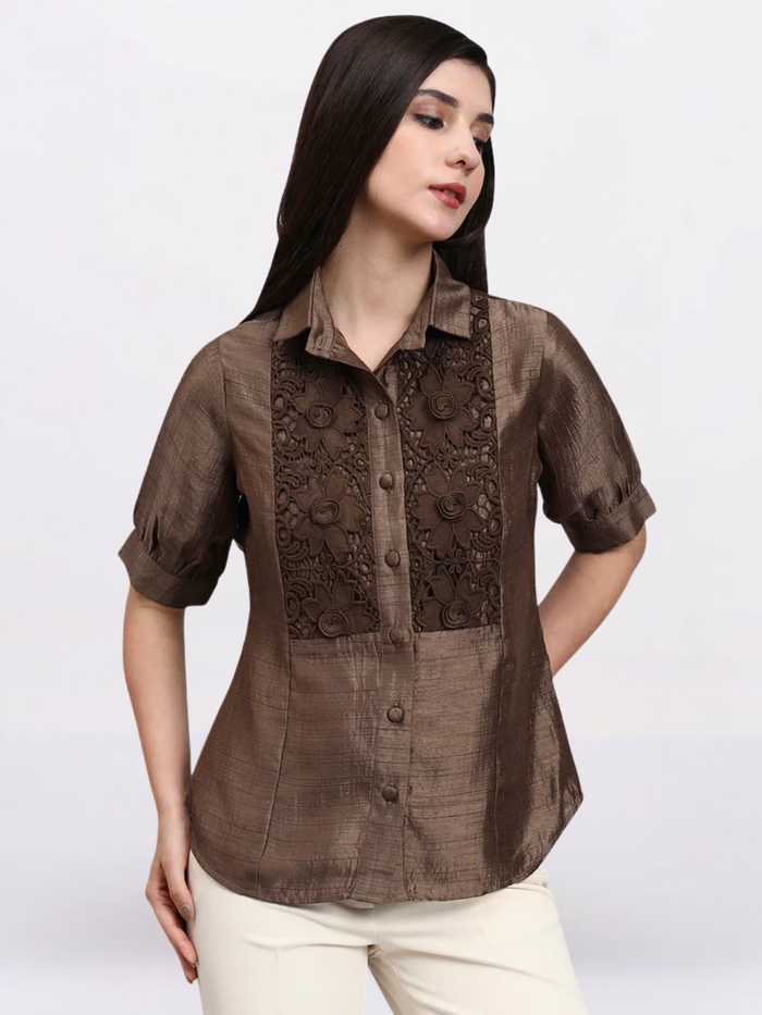 Women Brown Modern casual Floral Embroidery Shirt