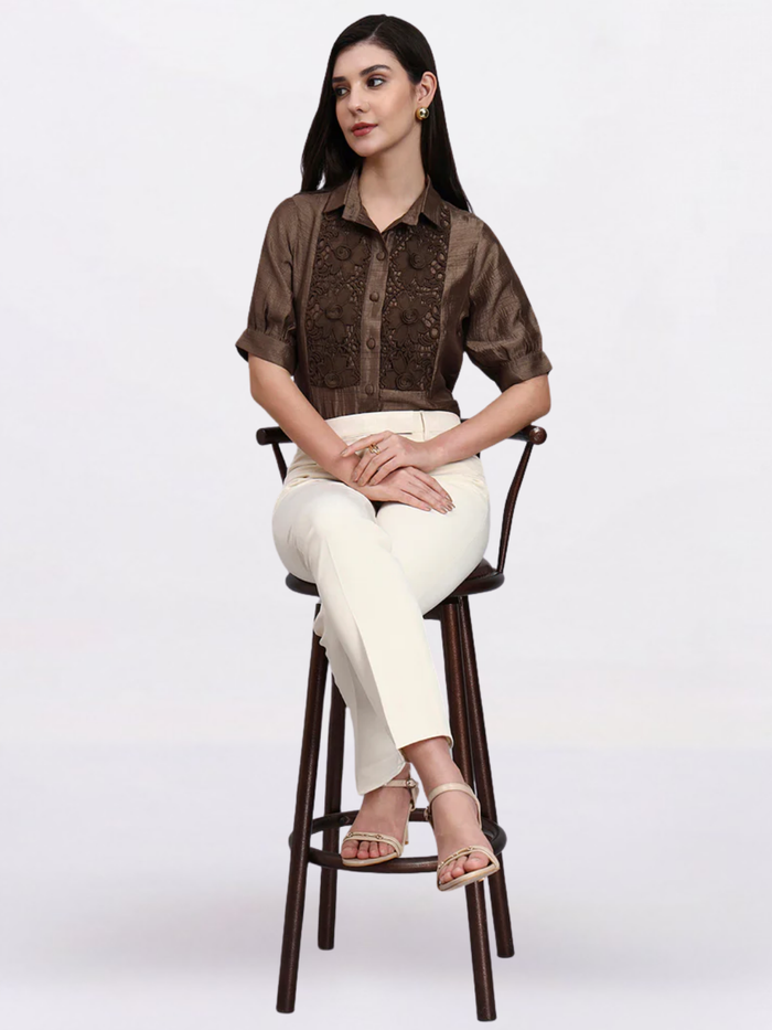 Women Brown Modern casual Floral Embroidery Shirt