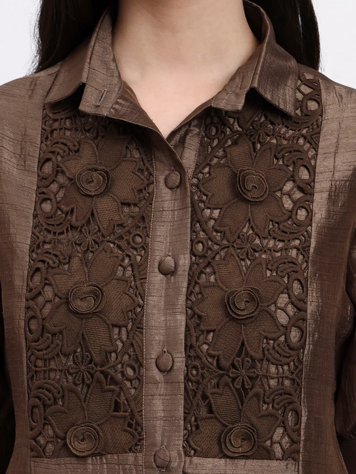 Women Brown Modern casual Floral Embroidery Shirt