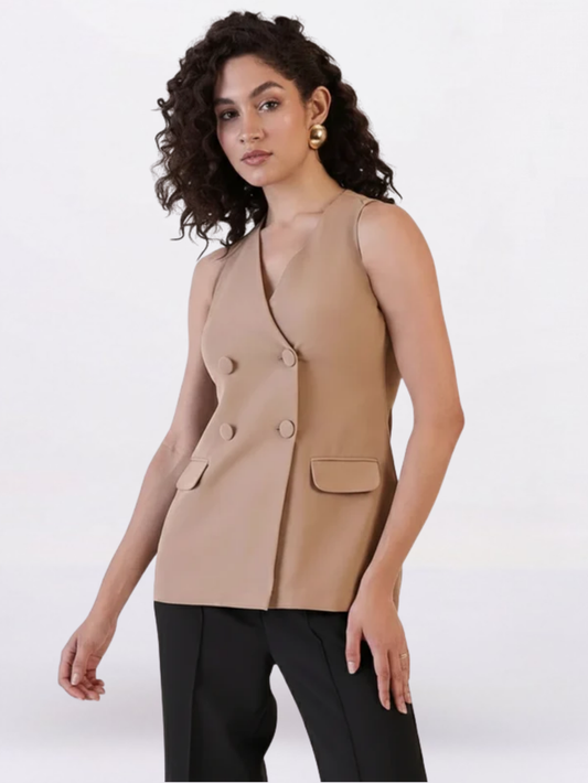 Women Brown V-Neck Sleeveless Stretch Top