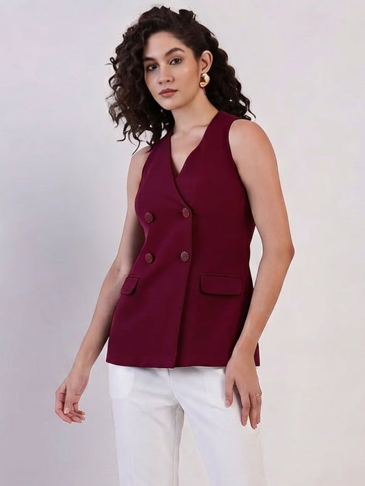 Women Burgundy Double Breasted Top