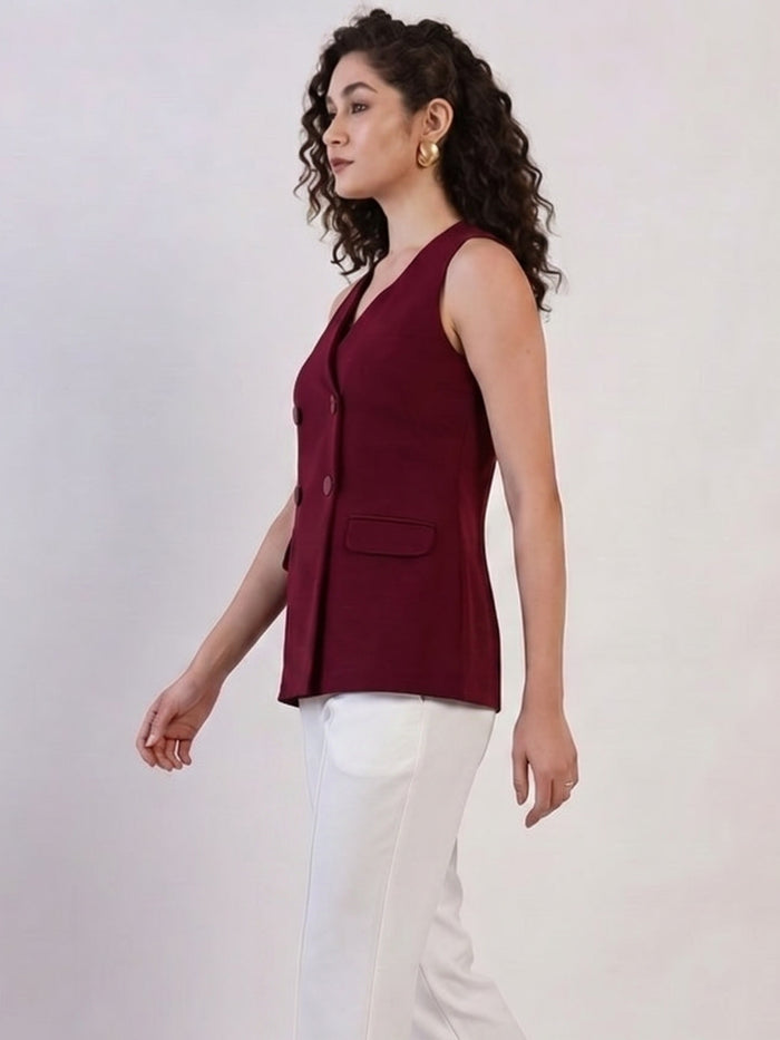 Women Burgundy Double Breasted Top
