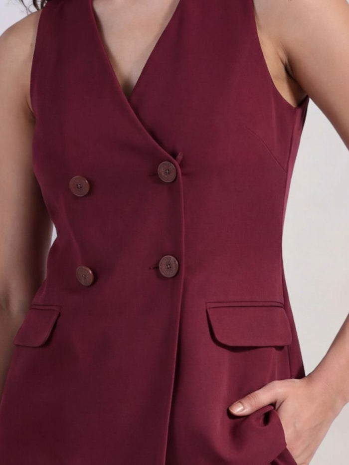 Women Burgundy Double Breasted Top