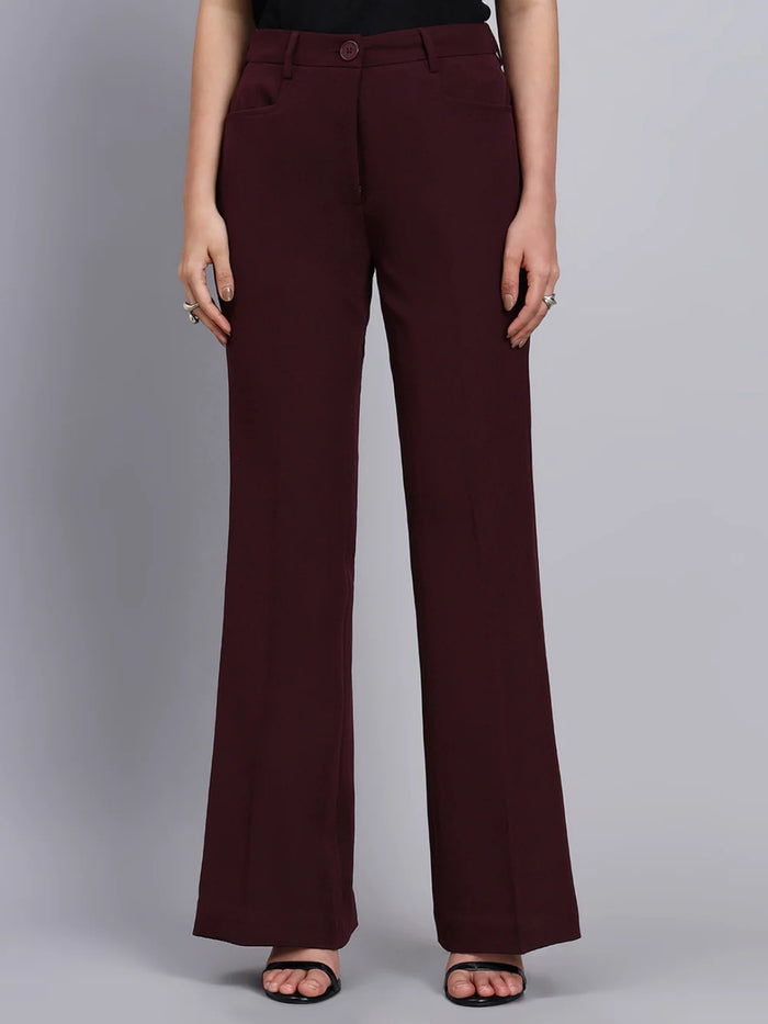 Women Burgundy High-Rise Fit & Flared Trouser
