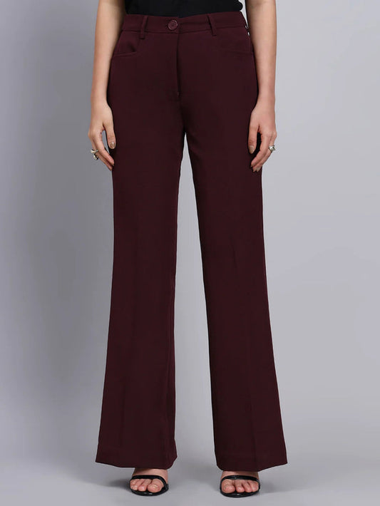 Women Burgundy High-Rise Fit & Flared Trouser
