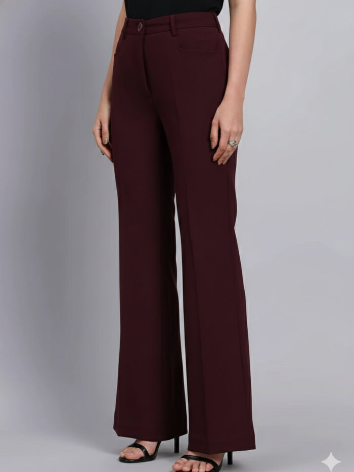 Women Burgundy High-Rise Fit & Flared Trouser