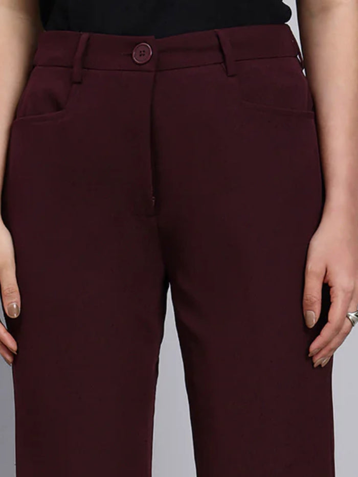 Women Burgundy High-Rise Fit & Flared Trouser