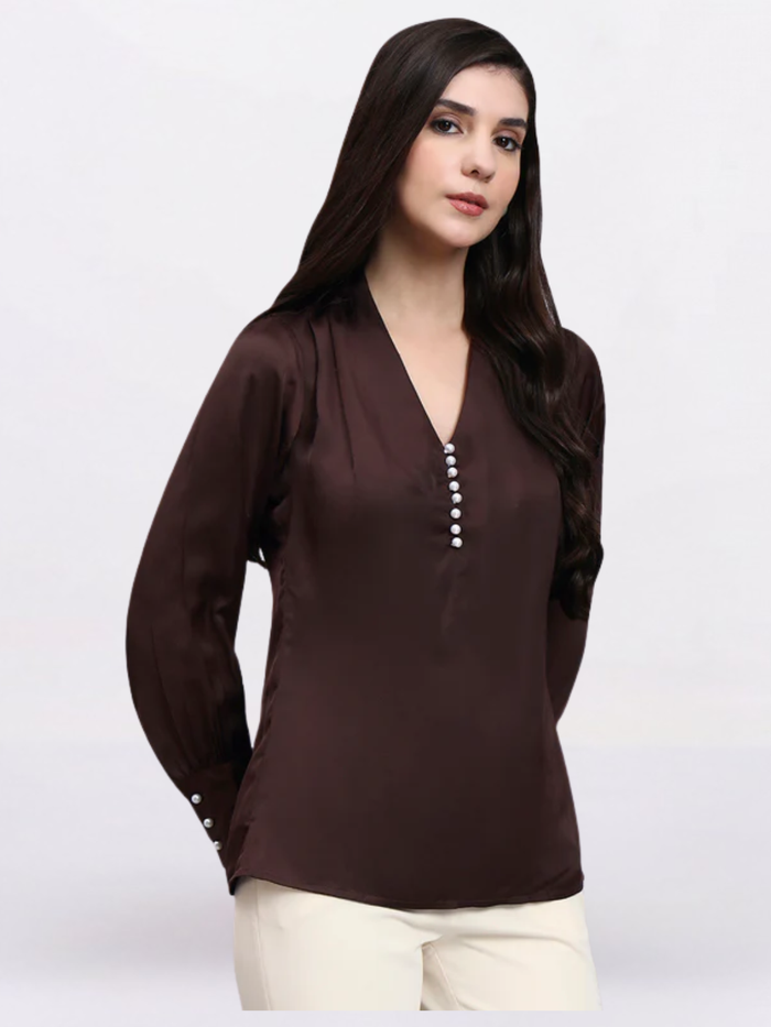 Women Chocolate High-Neck Satin Top with Pearl Detailing