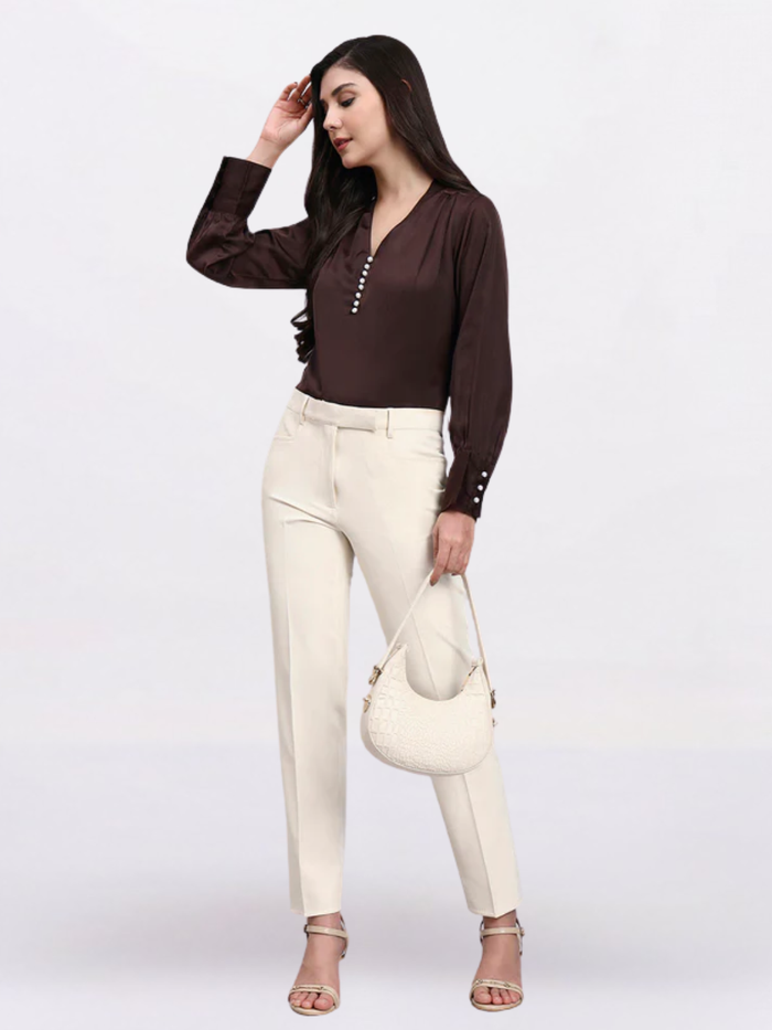 Women Chocolate High-Neck Satin Top with Pearl Detailing