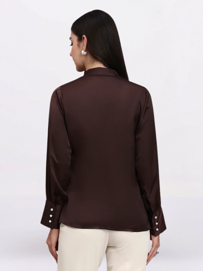 Women Chocolate High-Neck Satin Top with Pearl Detailing