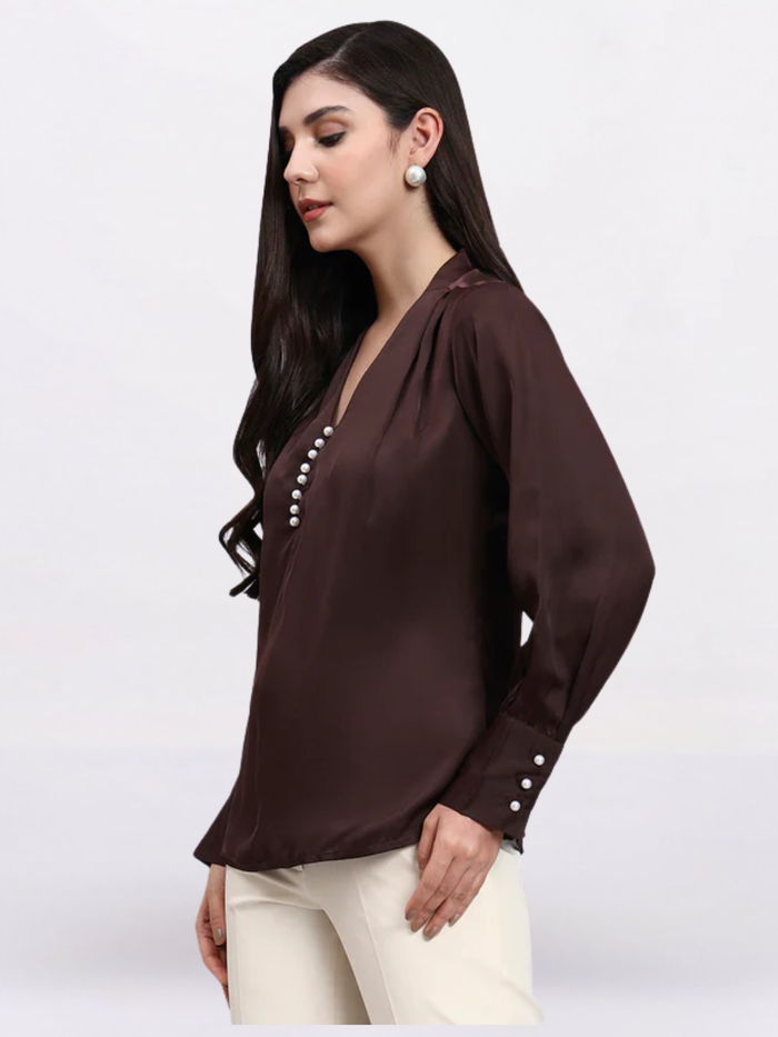 Women Chocolate High-Neck Satin Top with Pearl Detailing