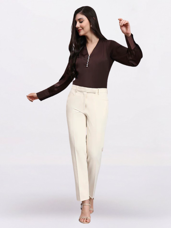 Women Chocolate High-Neck Satin Top with Pearl Detailing