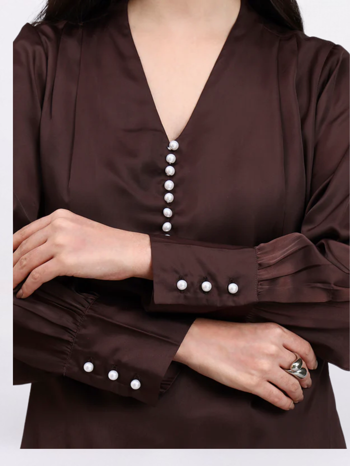 Women Chocolate High-Neck Satin Top with Pearl Detailing