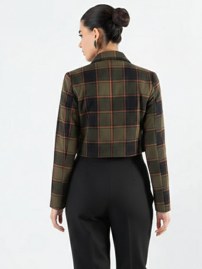 Women Green Checkered Warm Crop Blazer