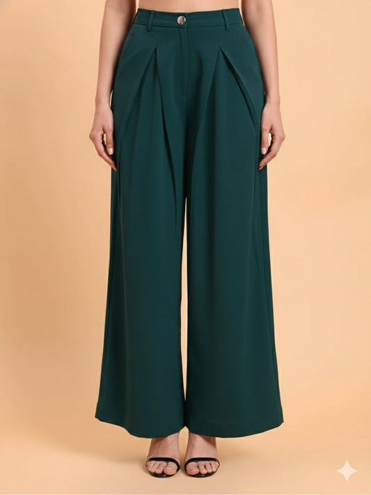 Women Green Invert Pleated Trouser