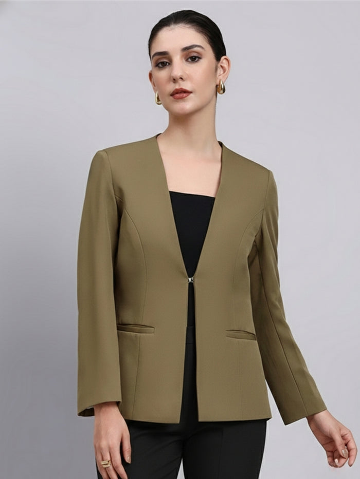 Women Green Lapel Less Blazer
