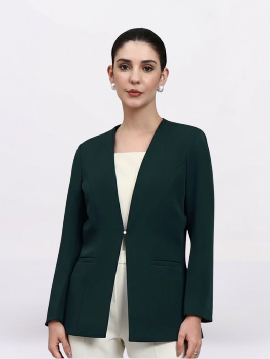 Women Green Lapel Less Blazer