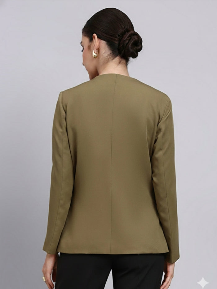 Women Green Lapel Less Blazer