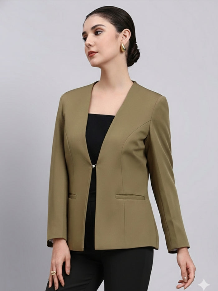 Women Green Lapel Less Blazer