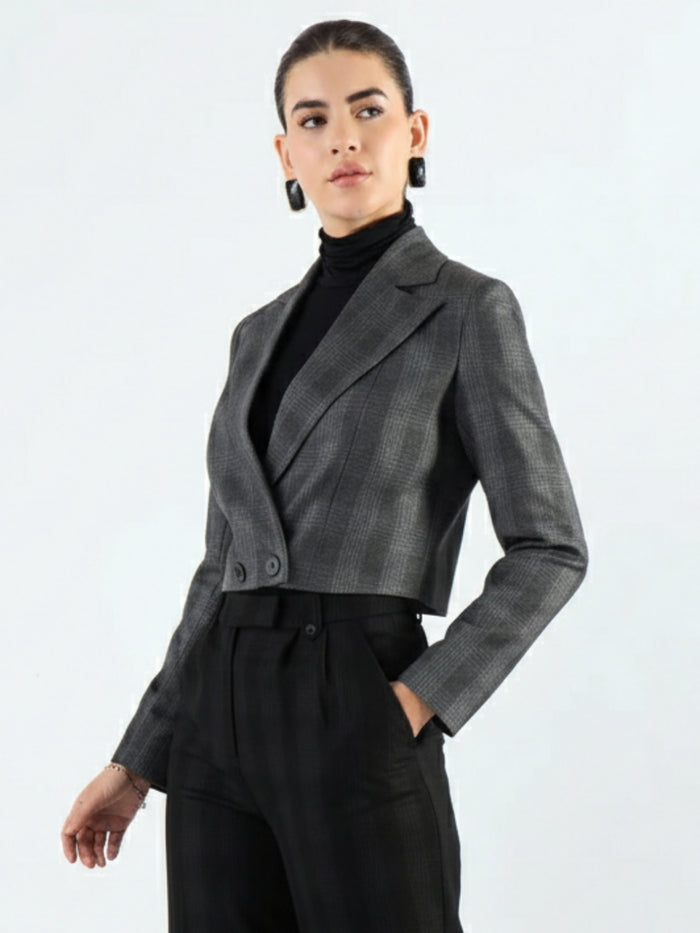Women Grey Checkered Warm Crop Blazer
