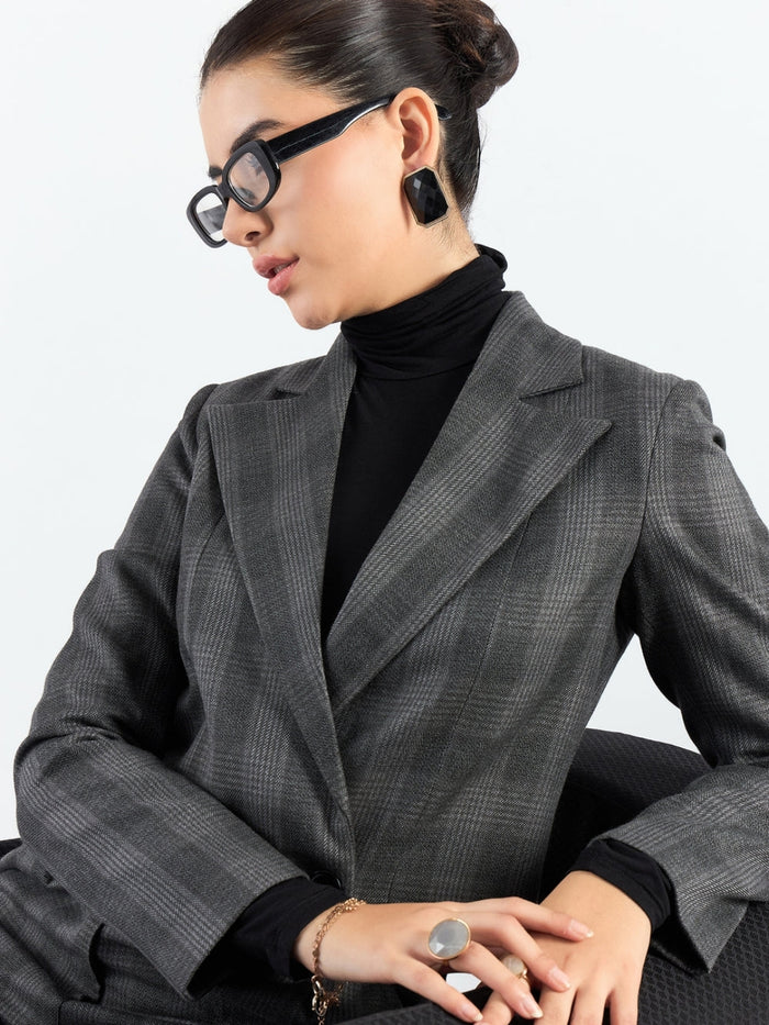 Women Grey Checkered Warm Crop Blazer