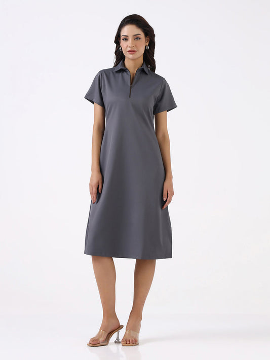 Women Grey Metal Zipper A-line Dress