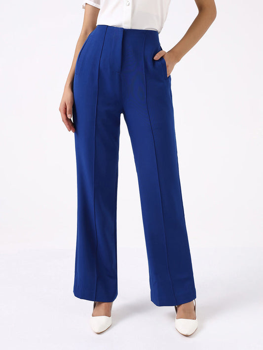 Women Ink Blue High-Rise Pintucked Trousers