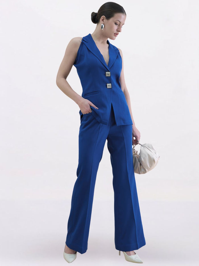 Women Ink Blue Stretch High Rise Flared Trouser