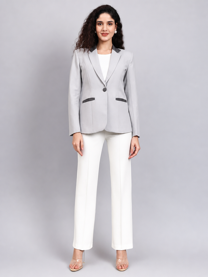 Women Light Grey Single Breasted Formal Blazer