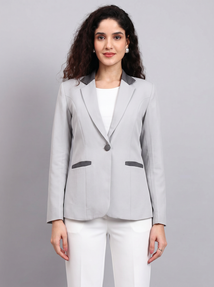 Women Light Grey Single Breasted Formal Blazer