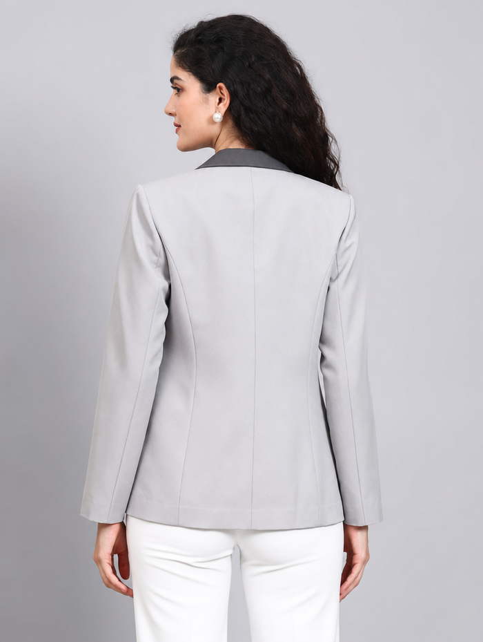 Women Light Grey Single Breasted Formal Blazer