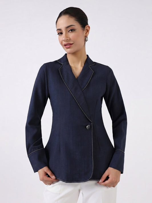 Women Navy Blue Blazer Style Top