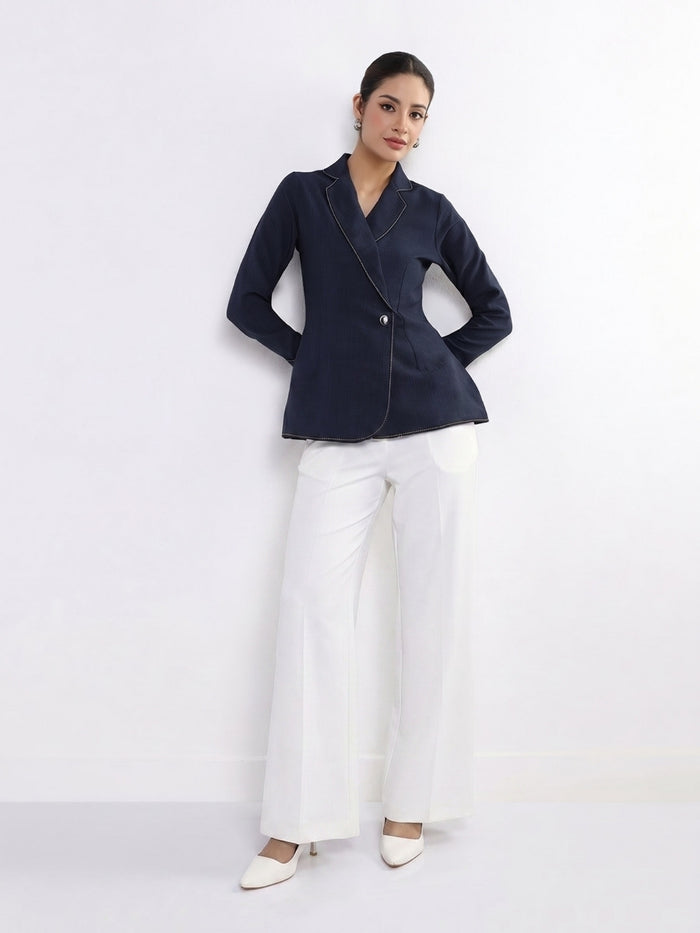 Women Navy Blue Blazer Style Top