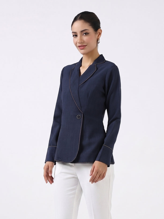 Women Navy Blue Blazer Style Top